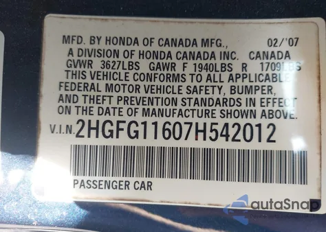2007 Honda Civic Lx z USA, uszkodzony, nr VIN 2HGFG11607H542012